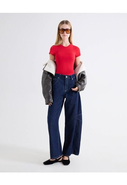 Jean Barrel Acabado Raw  Para Mujer Azul Seven Seven