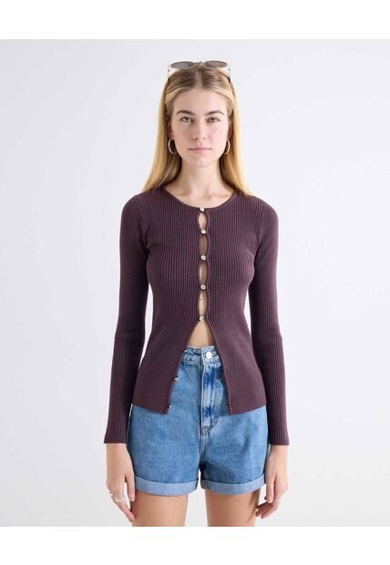 Camiseta Acanalada Cut Out Frontal  Para Mujer Café Seven Seven