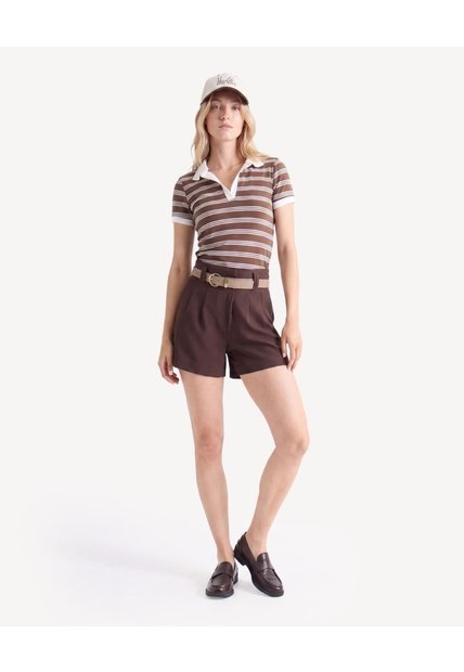 Camiseta Polo Con Detalles Tejidos  Para Mujer Café Seven Seven