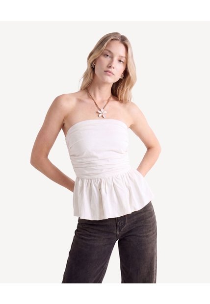 Blusa Strapless Recogida  Para Mujer Beige Seven Seven