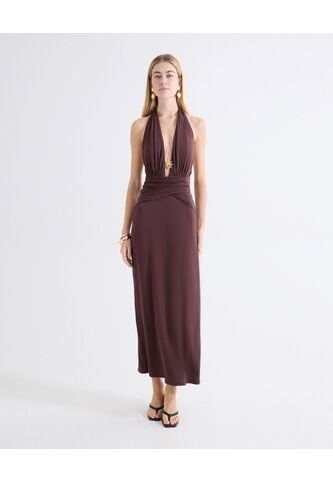 Vestido Halter Escote V Midi  Para Mujer Café Seven Seven Seven Seven