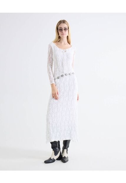Vestido Maxi Encaje Manga Larga  Para Mujer Blanco Seven Seven