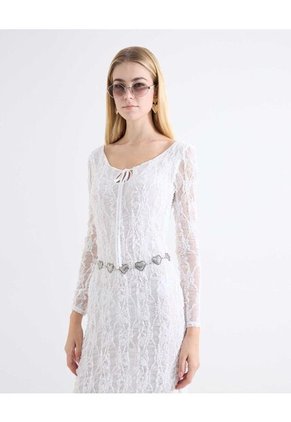 Vestido Maxi Encaje Manga Larga Para Mujer Blanco Seven Seven