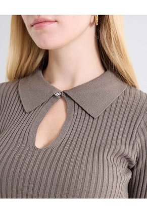 Camiseta Tricot Cuello Contraste  Para Mujer Café Seven Seven