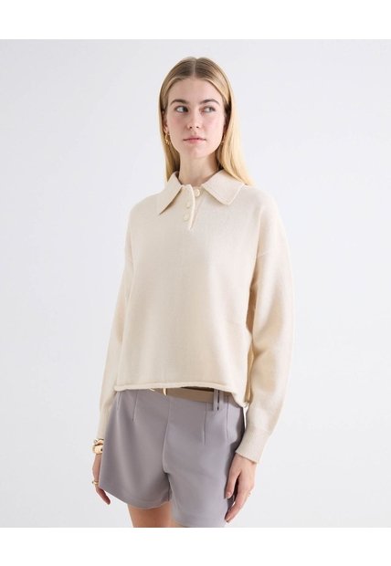 Saco Cuello Camisero Botonadura Frontal  Para Mujer Beige Seven Seven