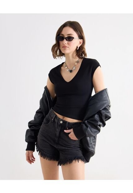 Camiseta Para Mujer Manga Corta Cuello V Color Negro Marca Seven Seven #28096512