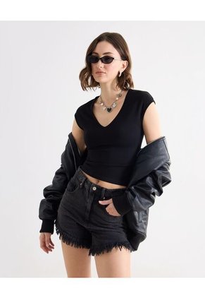 Camiseta Para Mujer Manga Corta Cuello V Color Negro Marca Seven Seven #28096512