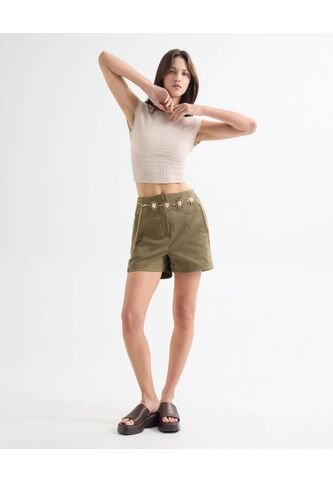 Short Tejido Plano Con Pinzas  Para Mujer Verde Seven Seven Seven Seven