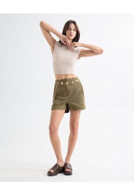 Short Tejido Plano Con Pinzas  Para Mujer Verde Seven Seven