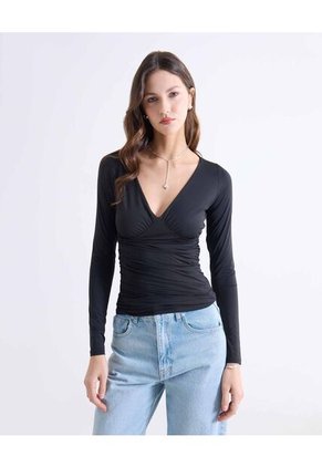 Camiseta Para Mujer Manga Larga Cuello V Color Negro Marca Seven Seven #28096479
