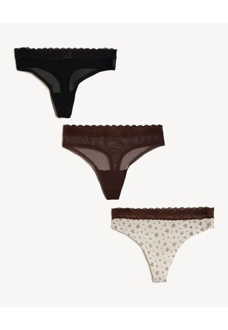 Pack Tanga X3 Con Encaje Y Malla X3 Para Mujer Negro Seven Seven Seven Seven