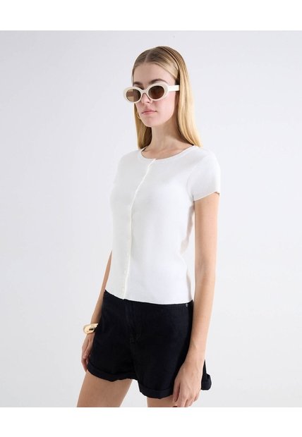 Camiseta Cuello Redondo Abotonada  Para Mujer Blanco Seven Seven