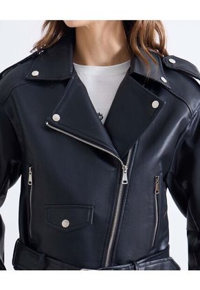 Chaqueta Biker De Cuero Sintético  Para Mujer Negro Seven Seven