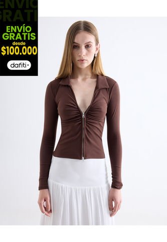 Camiseta  Para Mujer Manga Larga Cuello V Color Café Marca Seven Seven #28096509 Seven Seven