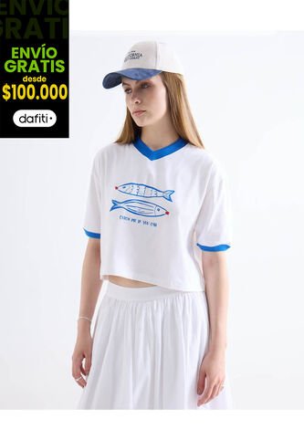 Camiseta  Para Mujer Manga Corta Cuello V Color Marfil Marca Seven Seven #28096642 Seven Seven