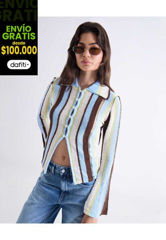 Camiseta  Para Mujer Manga Larga Cuello V Color Celeste Marca Seven Seven #28096472 Seven Seven