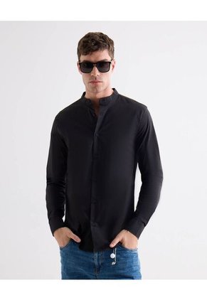 Camisa Cuello Mao  Para Hombre Negro Seven Seven