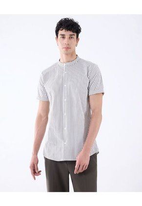 Camisa A Rayas Cuello Mao  Para Hombre Blanco Seven Seven