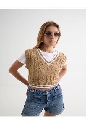 Chaleco Para Mujer Manga Sisa Cuello V Color Arena Marca Seven Seven #28096315