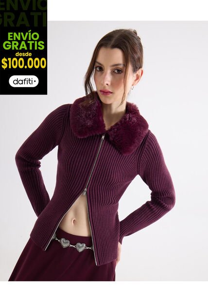 Saco  Para Mujer Zipper Color Vino Marca Seven Seven #28330691