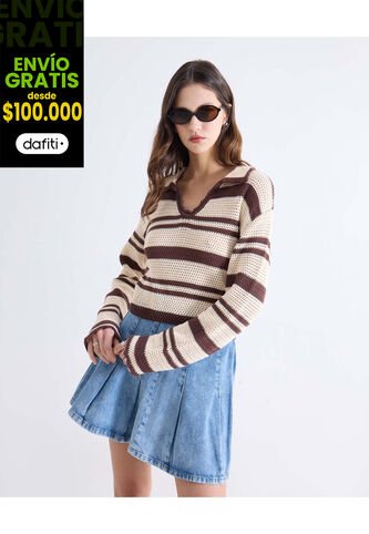 Camiseta Para Mujer Manga Larga Cuello V Color Café Marca Seven Seven #28096456 Seven Seven