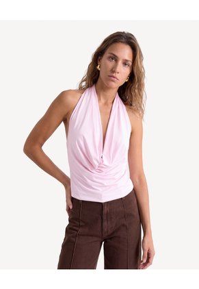 Camiseta Halter Con Escote Drapeado Para Mujer Rosado Seven Seven