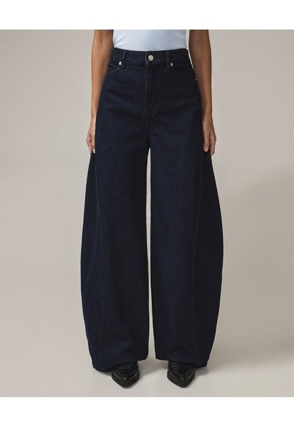 Jean Barrel Tiro Alto Rígido  Para Mujer Azul Seven Seven