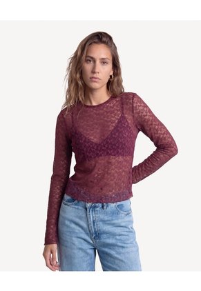 Camiseta De Encaje Con Mangas Amplias  Para Mujer Vino Seven Seven