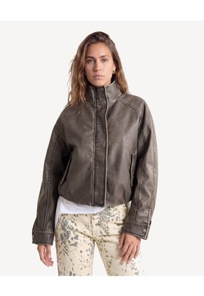 Chaqueta Cuello Alto Efecto Desgastado  Para Mujer Café Seven Seven