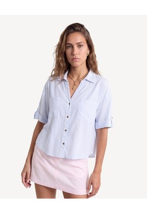 Blusa Camisera Con Bolsillos Frontales  Para Mujer Azul Seven Seven