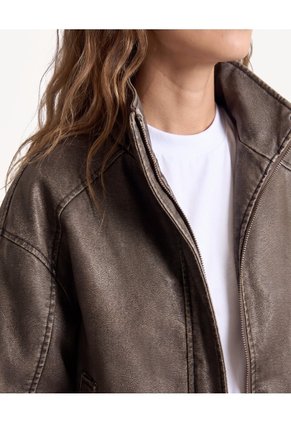 Chaqueta Cuello Alto Efecto Desgastado  Para Mujer Café Seven Seven