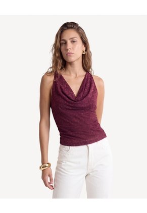Blusa Halter De Encaje Con Recogidos  Para Mujer Vino Seven Seven