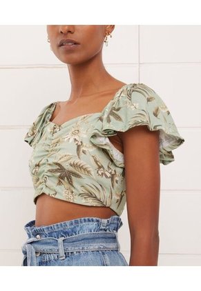 Camiseta Para Mujer Tipo Crop Manga Corta Con Recogido En Frente  Para Mujer Verde Seven Seven