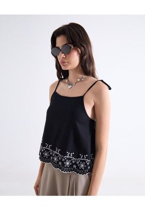 Top Bordado Con Tiras Ajustables  Para Mujer Negro Seven Seven