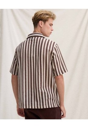 Camisa Resort Rayas Neutras  Para Hombre Café Seven Seven