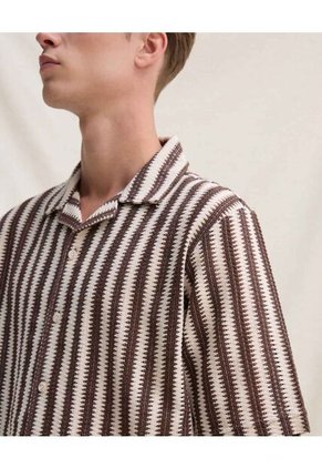 Camisa Resort Rayas Neutras  Para Hombre Café Seven Seven