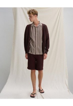 Camisa Resort Rayas Neutras  Para Hombre Café Seven Seven