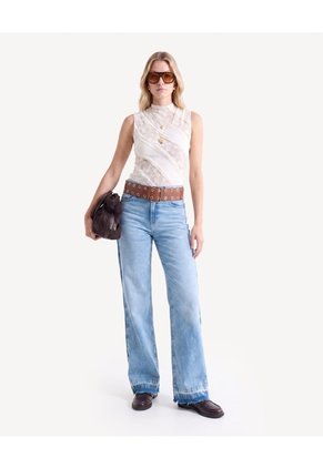 Camiseta Cuello Alto Encaje  Para Mujer Crema Seven Seven