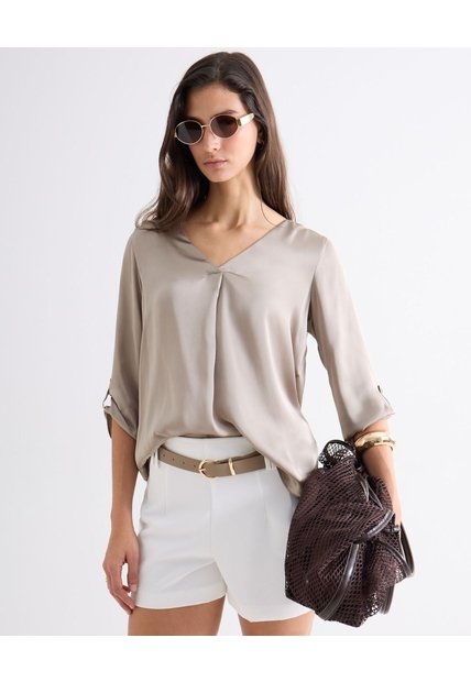 Blusa Satin Escote En V  Para Mujer Taupe Seven Seven