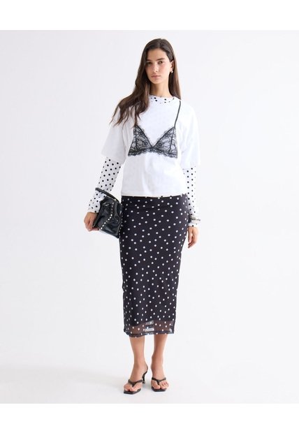 Falda Mesh Con Puntos Decorativos  Para Mujer Negro Seven Seven