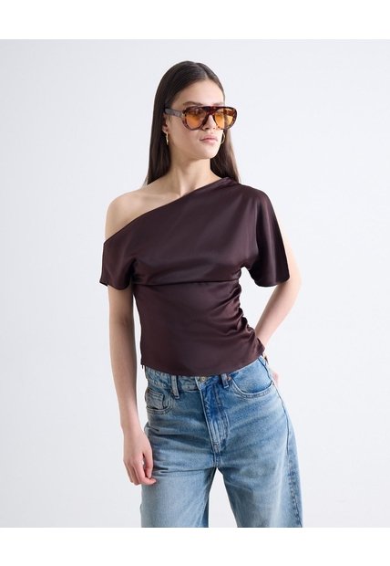 Blusa Satín Con Escote  Para Mujer Café Seven Seven