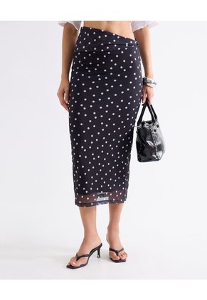 Falda Mesh Con Puntos Decorativos  Para Mujer Negro Seven Seven