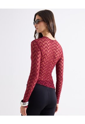 Camiseta Cuello Alto En Encaje Floral  Para Mujer Vino Seven Seven