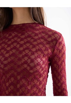 Camiseta Cuello Alto En Encaje Floral  Para Mujer Vino Seven Seven
