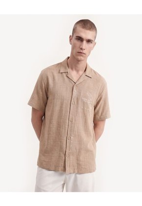 Camisa Resort Bordada Para Hombre Camel Seven Seven