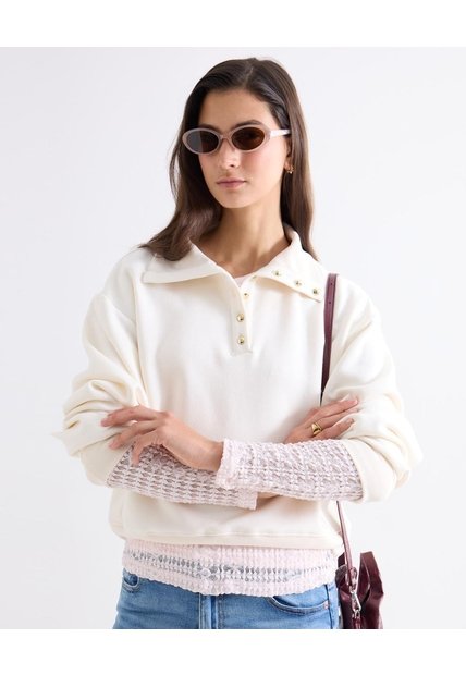 Buzo Cuello Alto Con Broches  Para Mujer Crema Seven Seven