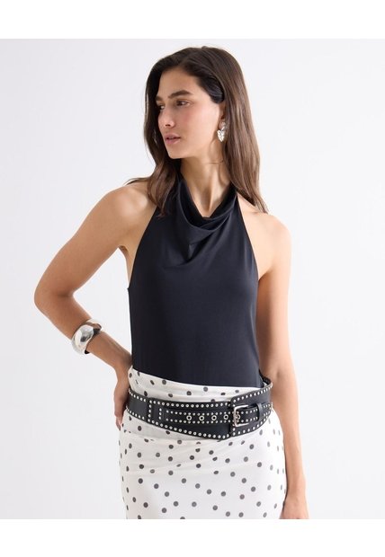 Body Cuello Alto Drapeado  Para Mujer Negro Seven Seven