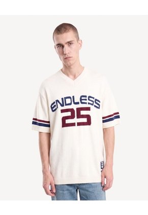 Camiseta Tricot Bordada Para Hombre Marfil Seven Seven