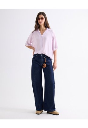 Blusa Rayas Cuello Camisero  Para Mujer Lila Seven Seven