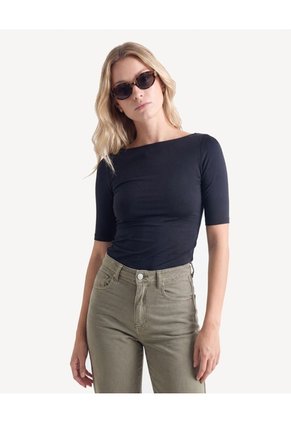 Camiseta Cuello Ojal Con Recogidos  Para Mujer Negro Seven Seven